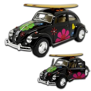 Imagem de Miniatura fusca 1967 carrinho de coleção em metal, 12 CM, 1/32, abertura de portas laterais, rodinhas em borracha e com fricção, Miniatura de carros antigos (Preto com prancha estampado)