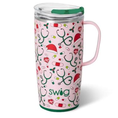 Imagem de Swig Life Caneca de viagem de 623 g, copo isolado com alça e tampa, caneca de café de viagem, compatível com porta-copos, copo de aço inoxidável de 623 g, reutilizável isolado com tampa (Santa's