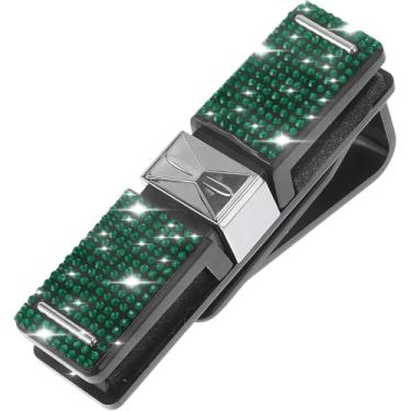 Imagem de Suporte de óculos de sol de strass de cristal brilhante para óculos de sol de carro, suporte de montagem de óculos de couro PU, clipes organizadores de óculos, decoração de cristal clipe de cartão de