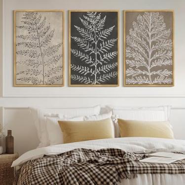 Imagem de KUVIOKE Arte de parede emoldurada botânica vintage boêmio preto caramelo folha decoração de parede natureza samambaia planta silhueta pintura de parede para sala de estar quarto 61 x 91 cm (moldura