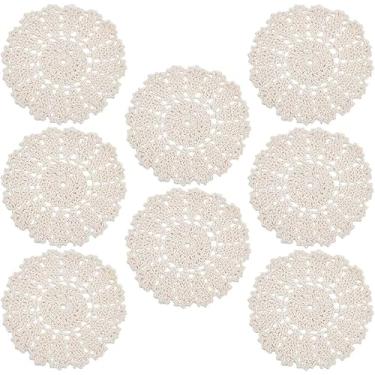 Imagem de 8 peças de jogo americano vintage de tecido de renda porta-copos de flores de crochê em seda de milho redondo bege vintage feito à mão tapete de mesa de renda macramê para copos de vidro