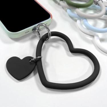 Imagem de 1 pç cordão para smartphone cordão de silicone para smartphone alça de pulso antiqueda em forma de coração (preto)