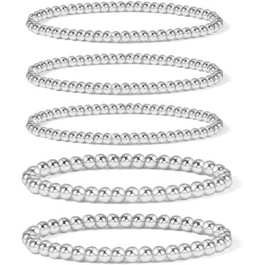 Imagem de Pulseiras femininas douradas banhadas a ouro com esferas elásticas elásticas hipoalergênicas e empilháveis, One Size, Liga de aço, Sem Pedra Preciosa