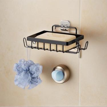 Imagem de Caddies de chuveiro, artigos de higiene de metal, saboneteira, suporte de saboneteira, suporte de xampu, com 4 ganchos, preto, sem perfuração, banheiro