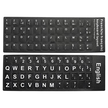 Imagem de Adesivos de teclado inglês e francês, pacote com 2 capas de substituição de teclado universal fosco para notebook, fundo preto letras brancas