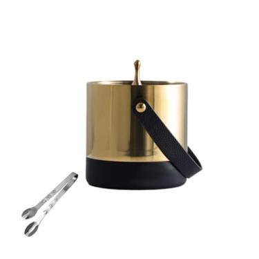 Imagem de Balde de gelo de aço inoxidável bicamada preservação do calor isolamento frio bonito KTV champanhe vinho tinto cerveja gelo bloco de gelo balde comercial (dourado, alça de couro)