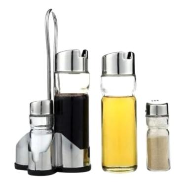 Imagem de Jogo 4 Pçs Galheteiro Vidro Suporte Azeite Sal Vinagre Kit