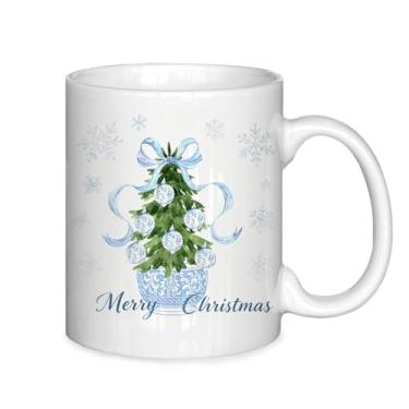 Imagem de ignytiger Chinoiserie Caneca de Natal, Arco Coquete Azul e Branco Porcelana Árvore de Natal Xícara de Café Cerâmica, Planta de Natal Grandmillennial Canecas de Chá de Café 325 ml