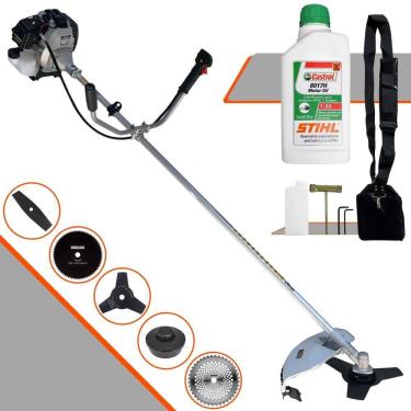 Imagem de Roçadeira Completa Toyama TBC43H À Gasolina 43cc 1,7HP 12.000rpm Com Carretel Nylon + Lâminas Facão, 3 Pontas, 40 Dentes, 80 Dentes + ÓLEO STIHL 8017