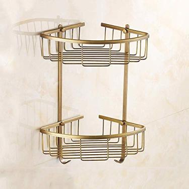 Imagem de Prateleira de canto de chuveiro de banheiro de latão sólido antigo de 2 andares, cesta triangular, prateleira de banheiro dupla montada na parede, suporte para pendurar à prova de ferrugem com 2