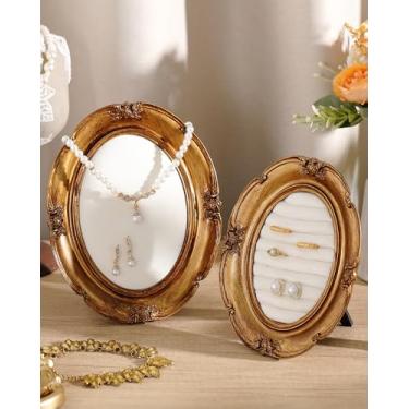 Imagem de Wonderjune 2 peças de suporte de exibição de joias de ouro vintage colar organizador de anel suporte de brinco bandeja de resina joias fotografia adereços moldura com suporte de veludo para presentes