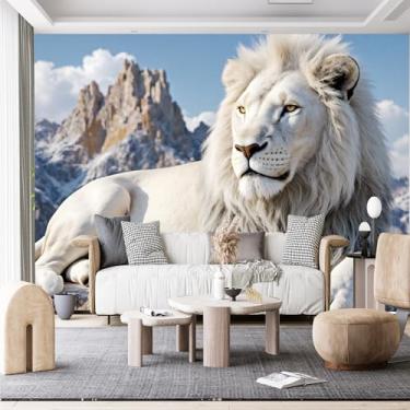 Imagem de Murais de parede de tamanho personalizado, Leão branco afloramento rochoso montanhas cobertas de neve tecido de parede autoadesivo (sem PVC) papel de parede grande removível para sala de estar, quarto