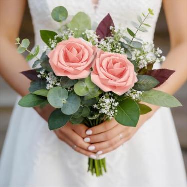 Imagem de 2 peças de rosas falsas de espuma de relíquia de flores artificiais de aparência real com hastes para buquês de casamento rosa para chá de panela, arranjos florais, mesas de festa, decoração de casa