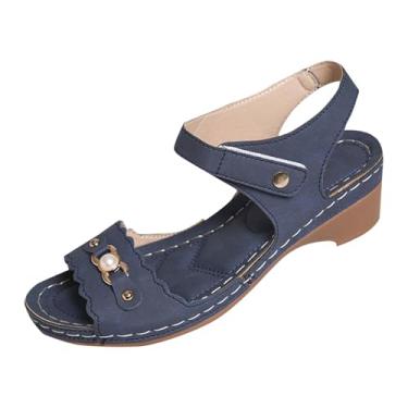 Imagem de Sandália feminina fashion casual versátil fivela primavera verão confortável salto grosso bico aberto lazer ao ar livre calçado material PU, Azul-royal escuro, 35