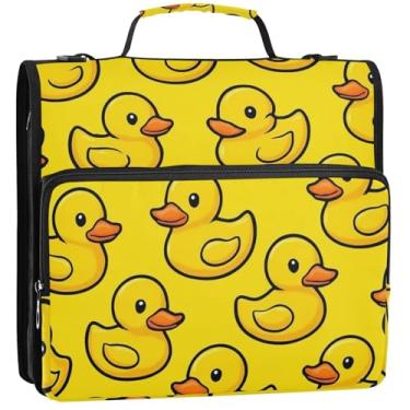 Imagem de Pasta de tecido com 3 argolas de 3 cm para serviço pesado com desenho animado de patos amarelos com zíper, organizador de fichário para 500 folhas com alça bolsa de ensino médio, 34,5 x 31,5 x 9 cm