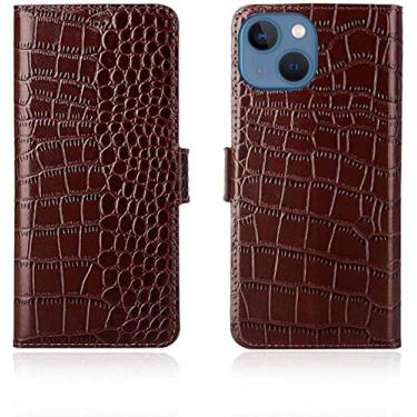 Imagem de KAPPDE Coldre de capa de telefone flip com padrão de crocodilo, capa de couro genuíno com suporte magnético [porta-cartão] para Apple iPhone 14 Plus 2022 (Cor: Café)