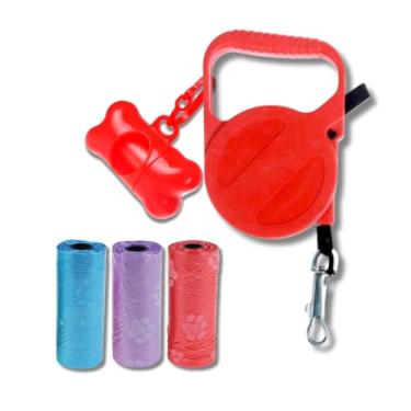 Imagem de Guia Retrátil 3 Metros para Cachorro Pequeno até 10kg – Kit Passeio com Saquinhos Higiênicos (Vermelho)