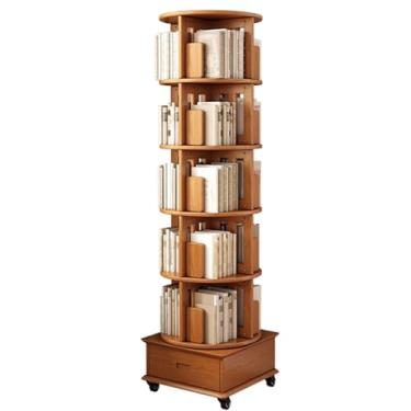 Imagem de Estante giratória de madeira maciça de 360° com gaveta - torre de estante giratória sobre rodas - Organizador de canto estreito para espaços pequenos - Prateleira de exibição de 6 níveis