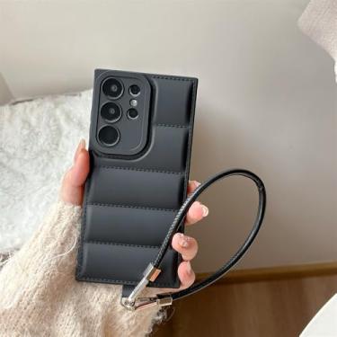 Imagem de Capa de couro com airbag para jaqueta de penas para Samsung Galaxy S25ultra S24 Plus S23 FE S21 Ultra A56 A26 A52 A32 Capa de alça de pulso, preta, para Samsung S21Ultra