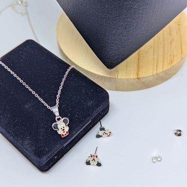 Imagem de Kit Conjunto Colar e Brincos Antialérgico Infantil Meninas com Pingente Minnie ou Mickey Disney Kids Folheado a Prata