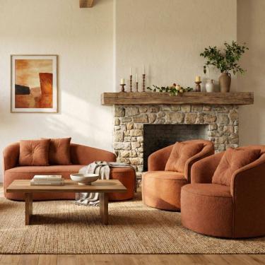 Imagem de Kit de 01 Sofá Orgânico Curvo Feijão + 02 Poltronas Confortável Sala Estúdio Amore Bouclê Terracota - Montanari`s Decor