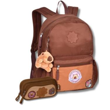 Imagem de Kit Mochila Capivara Costas Teen Estojo Duplo Compartimento Cor:Rosa -