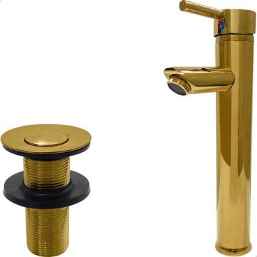 Imagem de Torneira Bica Alta Dourada Pia Banheiro E Válvula click  Inox Kit Banh