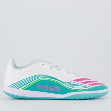 Imagem de Chuteira Adidas F50 Messi Club Futsal Juvenil Branca e Verde Água, 36