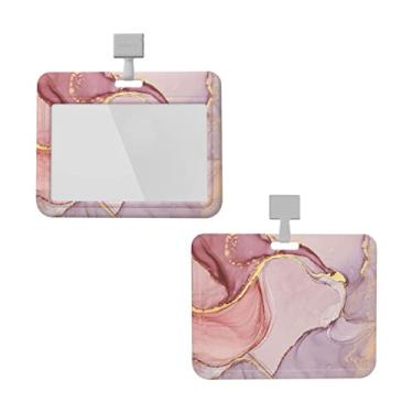 Imagem de Porta-crachá de mármore rosa dourado com cordão de pescoço destacável horizontal para homens e mulheres à prova d'água cartão de identificação nome capa protetora com cordão para escritórios carteira de motorista escolar