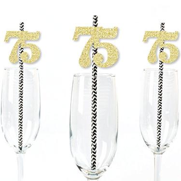 Imagem de Canudos de festa Gold Glitter 75 – Números recortados com glitter dourado real e canudos decorativos para festa de aniversário de 75 anos – Conjunto com 24