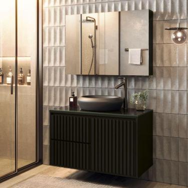 Imagem de Conjunto Para Banheiro Ripado 80 Preto C/Cuba e Espelheira