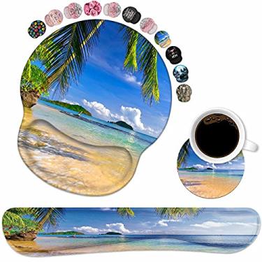 Imagem de Conjunto de apoio de pulso para teclado e mouse pad com porta-copos, base de poliuretano antiderrapante, mouse ergonômico para jogos para escritório em casa, estudo, digitação fácil e alívio da dor,