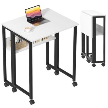 Imagem de GreenForest Mesa Dobrável Pequena com Rodinhas e Prateleira de Armazenamento, Mesa de Computador Dobrável de 63 cm com Rodas para Espaço Pequeno, Fácil Montagem, Branca