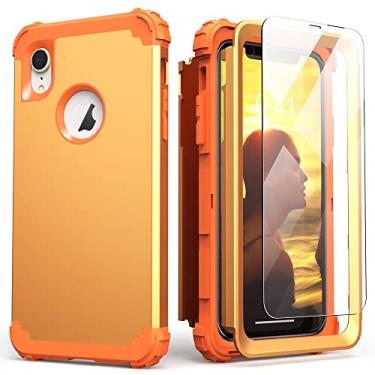 Imagem de IDweel Capa para iPhone XR, capa para iPhone XR com película protetora de tela (vidro temperado), 3 em 1 à prova de choque Slim Fit híbrida resistente capa de policarbonato rígido de silicone macio, capa de corpo inteiro, mostrador de sol amarelo/laranja