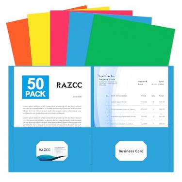 Imagem de Duas pastas de bolso, pacote com 50 pastas de arquivo RAZCC com bolsos para papel tamanho carta, pasta de arquivo de papel grosso para escola, escritório, negócios, casa, sortidas, 5 cores