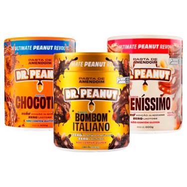 Imagem de Kit 3x Pasta De Amendoim Com Whey Protein 600g Cada - Dr Peanut (Chocotine/Bueníssimo/Bombom Italiano)