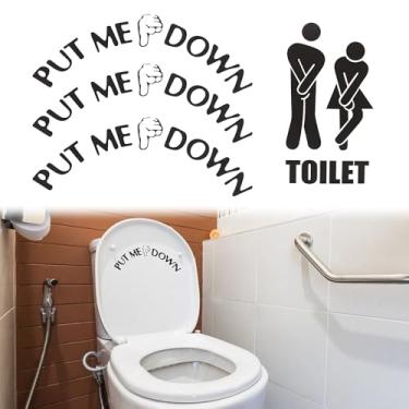 Imagem de Fssqii 4 adesivos de porta de assento de vaso sanitário Put Me Down para casa de banho, café, restaurante, escritório, loja, transparentes, à prova d'água, adesivos de decoração de parede (Preto)