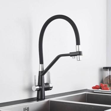 Imagem de Torneira de pia de cozinha, torneira, filtro de água pura, misturador, guindaste, alças duplas, purificação, torneira de cozinha quente e fria, preta e cromada