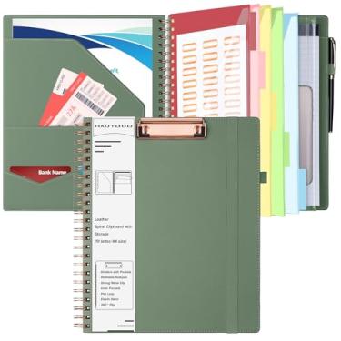 Imagem de HAUTOCO Prancheta de couro com bolsa de armazenamento com zíper, bloco de notas, suporte para cartão de visita, 5 divisórias com 10 bolsos, etiqueta para pasta de arquivo, alça de caneta, alça