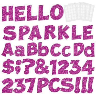 Imagem de 237 peças, letras de quadro de avisos com glitter, números e pontuação, cartazes, letras, alfabeto recortado, cartolina, acessórios para decoração de sala de aula, 10 cm (rosa choque)