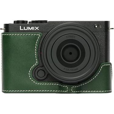 Imagem de BMAOLLONGB Capa para câmera S9, capa de couro genuíno feito à mão para câmera Panasonic Lumix S9 versão com abertura inferior + alça de mão (verde)