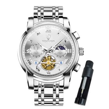 Imagem de BINBOND Relógio masculino cronógrafo de luxo para negócios, aço inoxidável, volante, multifuncional, fase da lua, relógio de pulso masculino à prova d'água luminoso, Prata, relógios masculinos