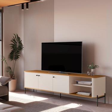 Imagem de Bancada Curva Tucupí 1.8 com Pés e Puxadores em Metal Off White/Marrom/Preto