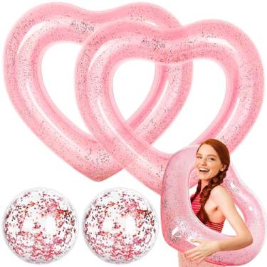 Imagem de JarThenaAMCS 4 peças de boia inflável de coração com bola de praia com glitter interno ouro rosa anéis de piscina em forma de coração, espreguiçadeiras, tubo para verão, piscina, praia, 47,3 x 39,4
