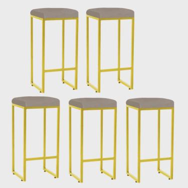 Imagem de Kit 05 Banqueta Alta Lara Para Cozinha Bar Balcão Bistrô Churrasqueira Ferro Dourado Corino Bege - Ahz Móveis