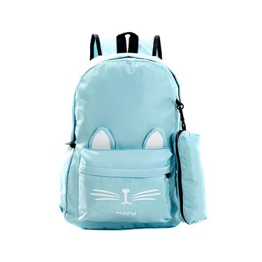 Imagem de Mochila Escolar Feminina Azul Claro de Gatinha Bolsa + Estojo