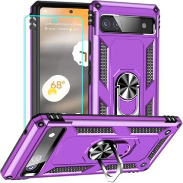 Imagem de Yiakeng Capa para Google Pixel 6A: com protetor de tela - Capas protetoras de nível militar com suporte de anel de dedo para capa Pixel 6A (roxa)