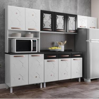 Imagem de Cozinha Completa Modulada de Aço 4 Peças com Vidros e Balcão Multimóveis Cr20353 Branco/preto
