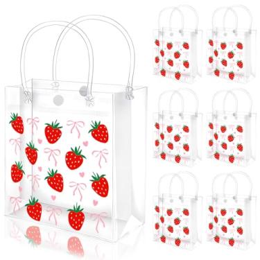 Imagem de FYSUIMU 12 peças de sacos de presente de verão em PVC transparente, laço rosa, vermelho, morango, lembrancinha com alça, para presente de frutas, para casamento, aniversário, chá de bebê