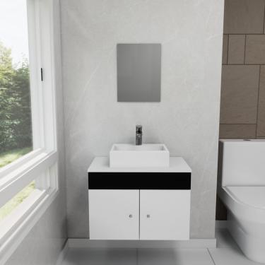 Imagem de Gabinete Armário Para Banheiro Com Pia Cuba Quadrada Mármore E 60cm Balcão Suspenso Preto